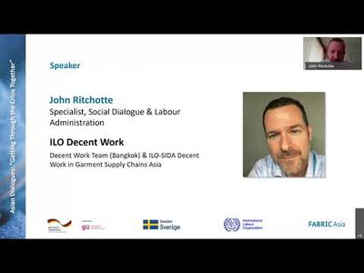 "Getting through the crisis together" - Online Seminar Series by GIZ FABRIC  In the eighth seminar, which is jointly organized by GIZ FABRIC and ILO’s Decent Work in Garment Supply Chains Asia project, we will focus on social dialogue as a key component of strong industrial relations. Given the challenging situation for both workers and employers due to Covid-19 how does efficient collaboration look like in such difficult times? We will hear about how manufacturers and trade unions have worked together and reached agreements, the guidelines and frameworks they used to inform the dialogue process, the roles of brands and retailers in this, and the benefits they derived from engaging and cooperating with each other.